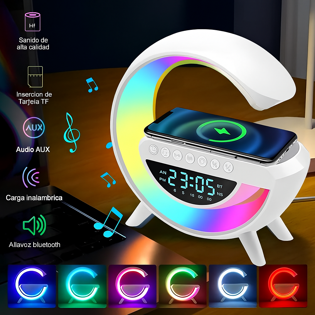 Lámpara Inteligente con Altavoz, Despertador y Cargador Wireless+ Auriculares Gratis