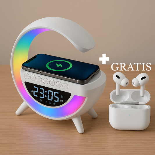 Lámpara Inteligente con Altavoz, Despertador y Cargador Wireless+ Auriculares Gratis